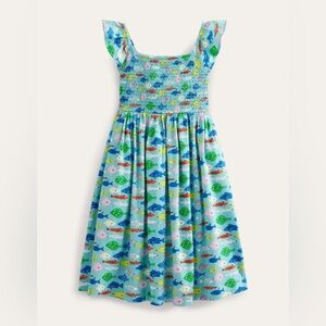 Mini Boden Shirred Jersey Midi Dress In Aqua Sea Blue Fish Youth Girls Sz 6-7y